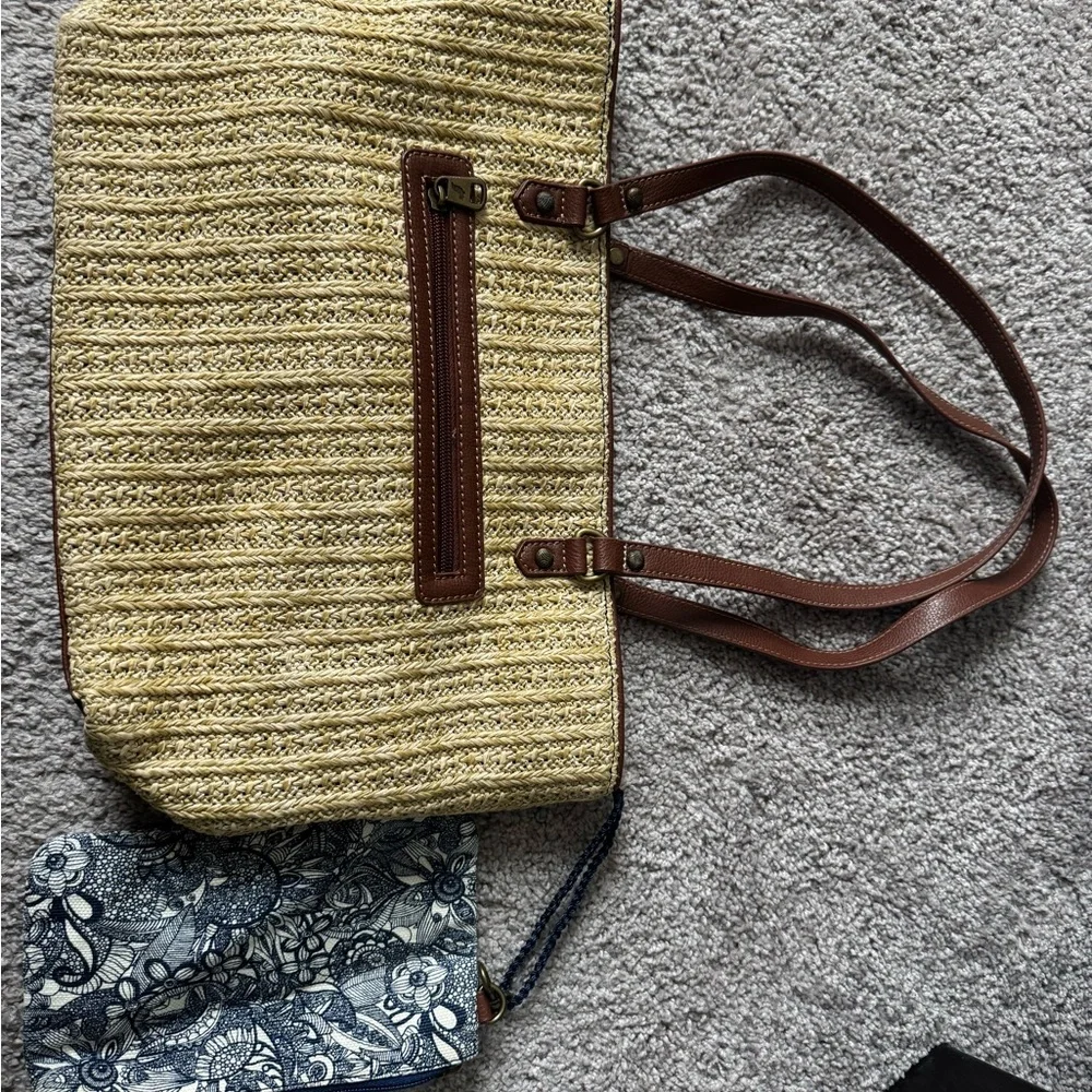 Sakroots Straw Tote with Blue Floral Panel and Red Accent Sunburst